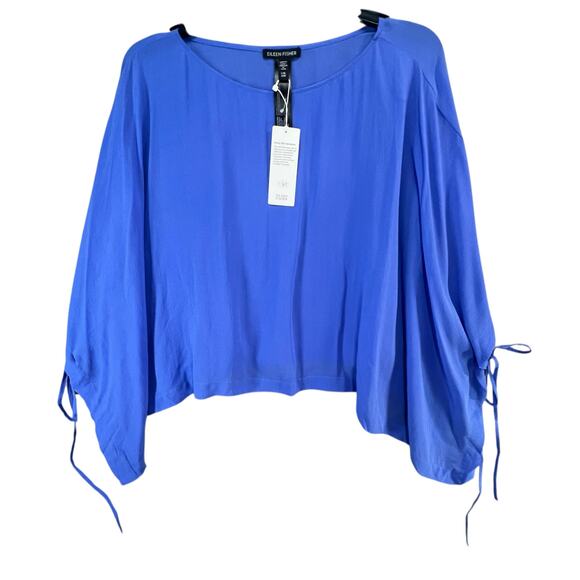 Eileen Fisher Silk Georgette Poncho L Blue Sheer Cropped Boxy Ethereal Luxury - Picture 1 of 10